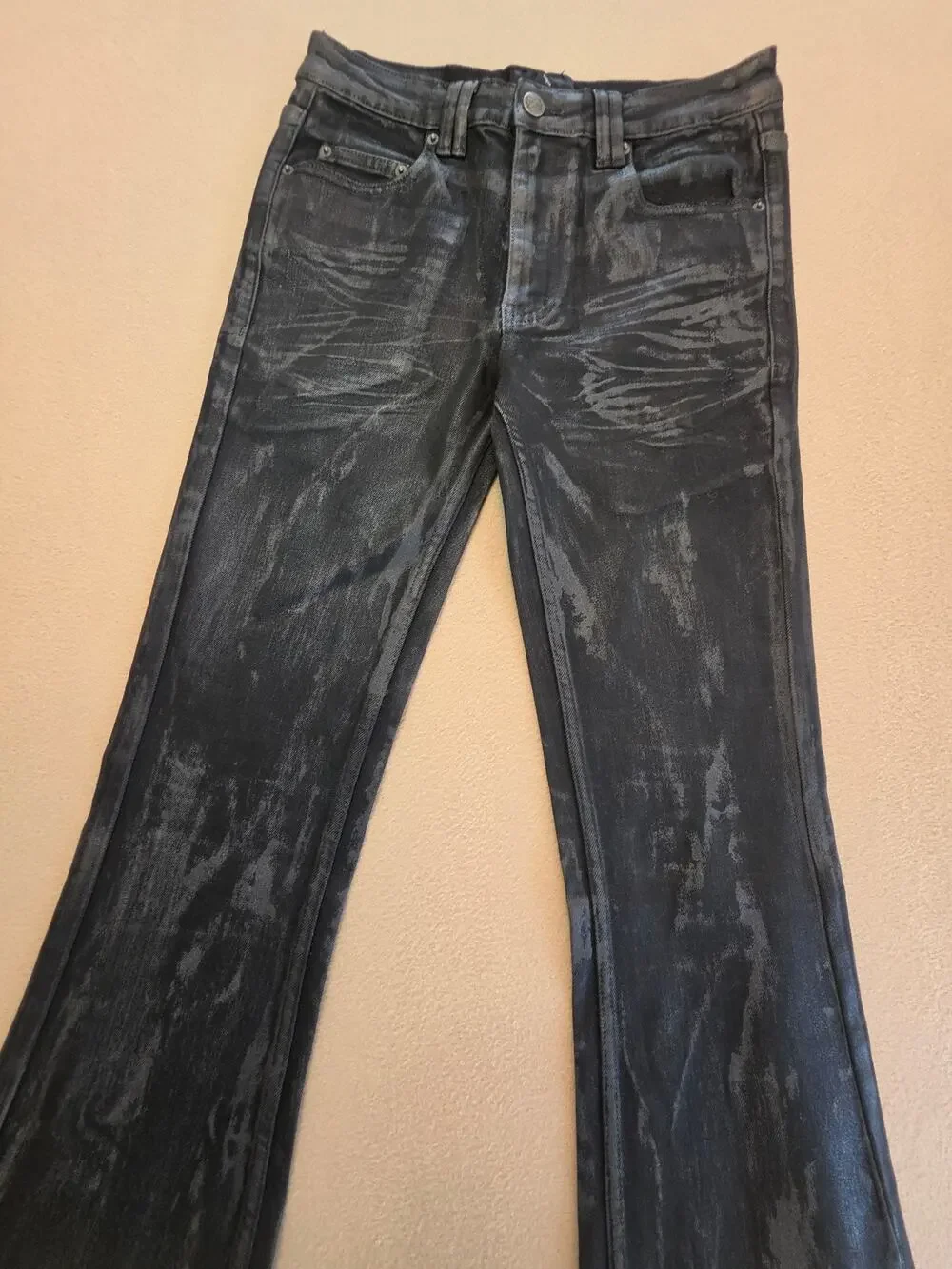 FOURFOUR Clothing Hand-Waxed Flared Stretch Denim Jeans Black Opium Style Sz 30